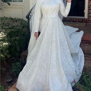 Royal Beaded Modest Wedding Dress (White/Ivory)
